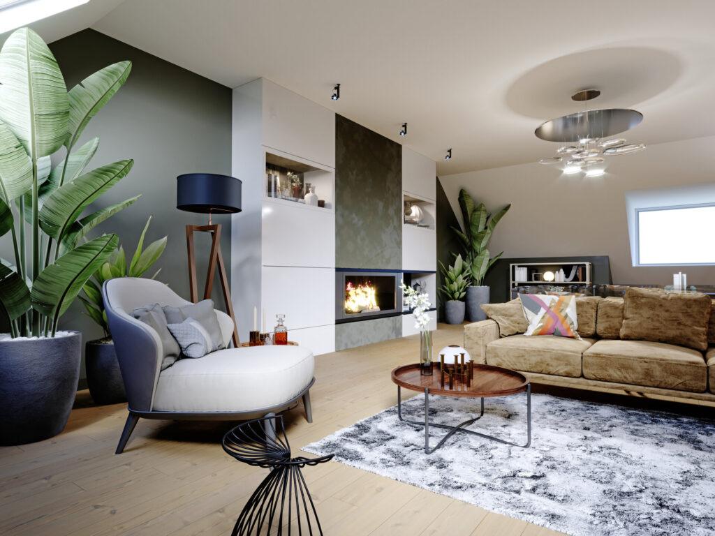 Design-Wohnzimmer im Dachgeschoss mit extravaganten Wohnaccessoires, wie Designer-Kamin und großem Sofa mit Sessel, viel Grün und Blumentöpfen.